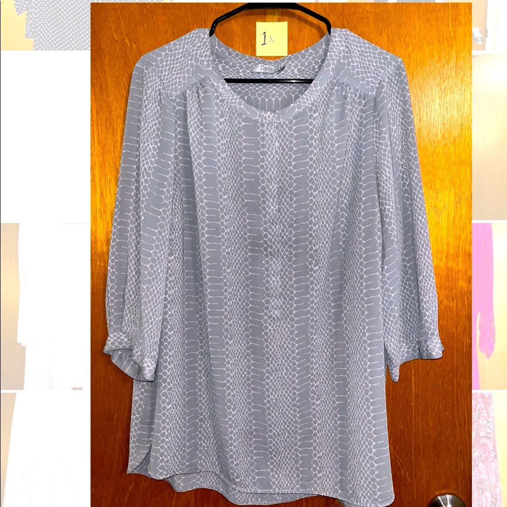 Popover Blouse, 3/4” Sleeves, Grey-tone snakeskin pattern